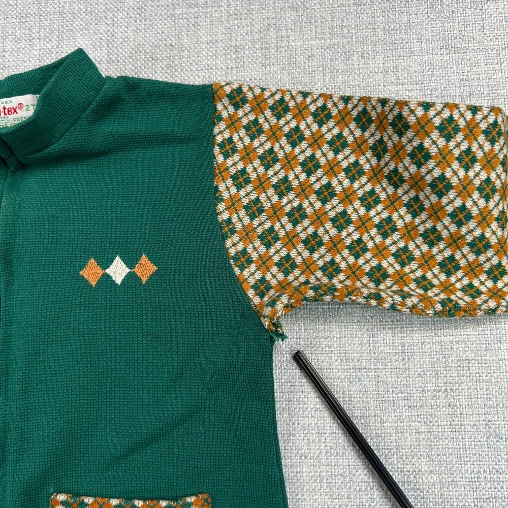Vintage 70s Health-tex Argyle Knit Jumpsuit Toddler 2T Green Retro Playsuit‎